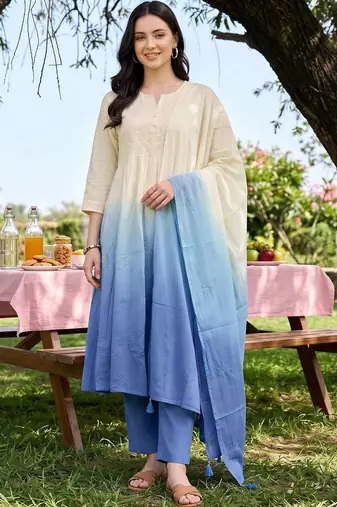 women ethnic motifs embroidered empire thread work cotton kurta with trousers & with dupatta