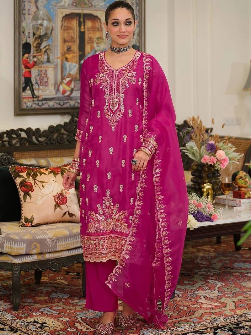 women embroidered regular thread work kurta with trousers & with dupatta