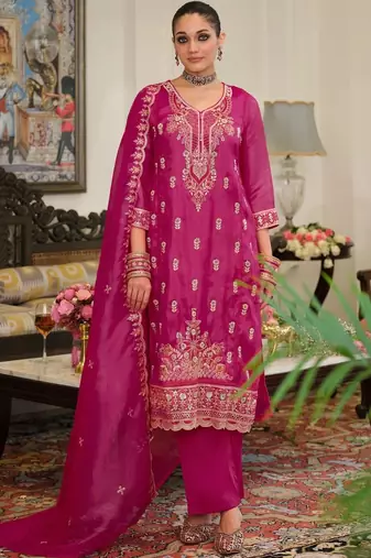 women embroidered regular thread work kurta with trousers & with dupatta