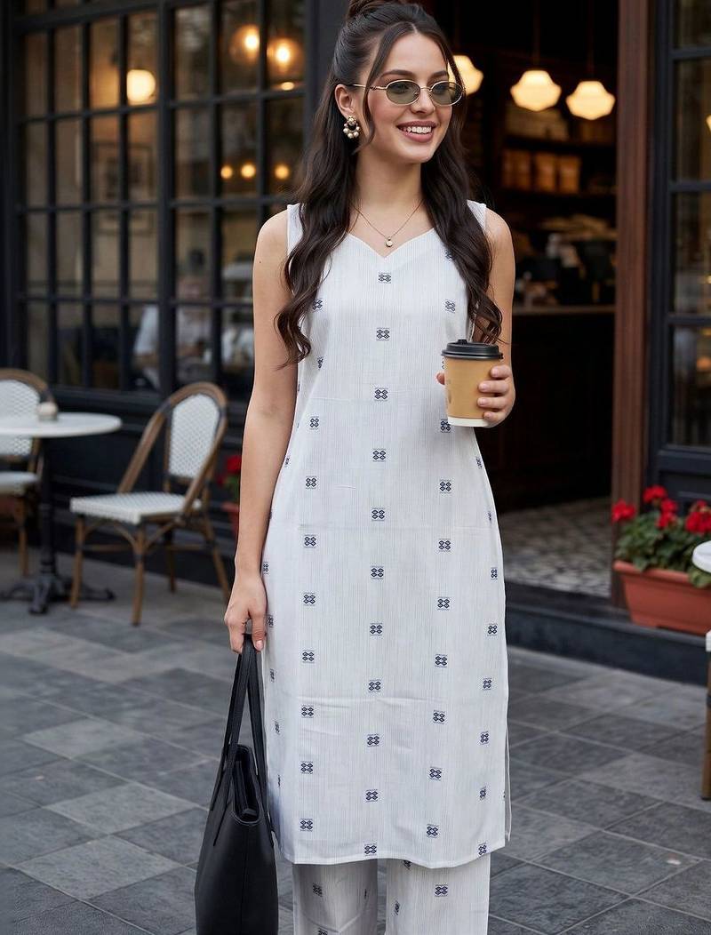 women printed regular cotton kurta with trousers