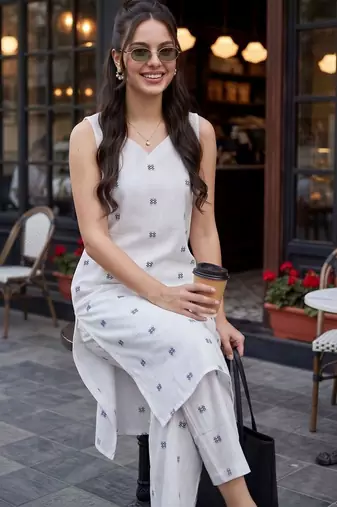 women printed regular cotton kurta with trousers