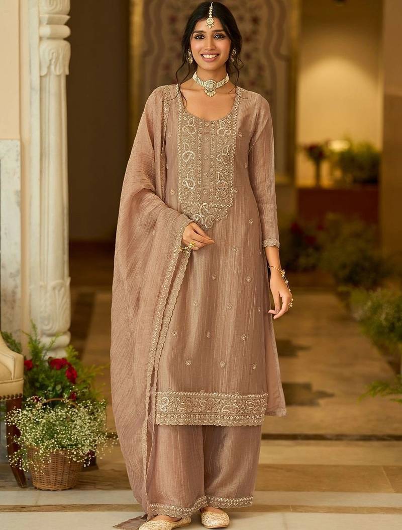 women ethnic motifs embroidered regular thread work kurta with palazzos & with dupatta