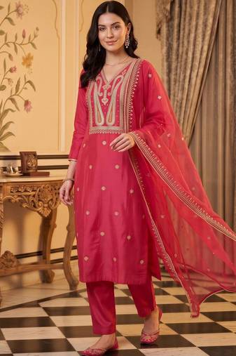 women ethnic motifs embroidered regular liva kurta with trousers & with dupatta