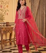 women ethnic motifs embroidered regular liva kurta with trousers & with dupatta