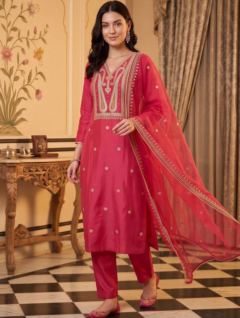 women ethnic motifs embroidered regular liva kurta with trousers & with dupatta