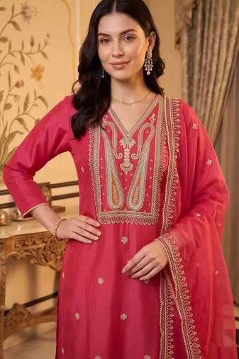 women ethnic motifs embroidered regular liva kurta with trousers & with dupatta