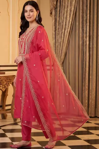 women ethnic motifs embroidered regular liva kurta with trousers & with dupatta