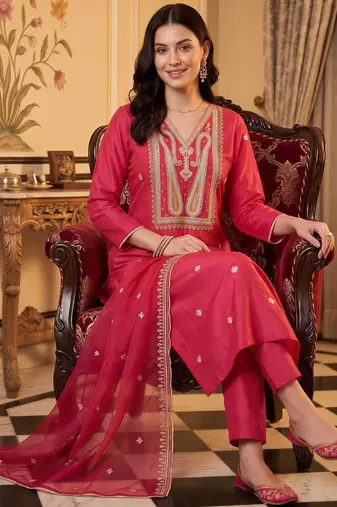 women ethnic motifs embroidered regular liva kurta with trousers & with dupatta