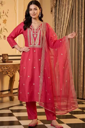 women ethnic motifs embroidered regular liva kurta with trousers & with dupatta