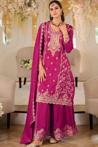 women ethnic motifs embroidered regular thread work kurta with palazzos & with dupatta