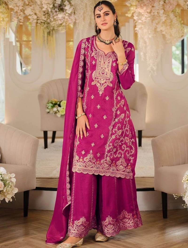 women ethnic motifs embroidered regular thread work kurta with palazzos & with dupatta