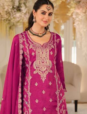 women ethnic motifs embroidered regular thread work kurta with palazzos & with dupatta 2