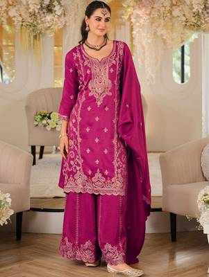 women ethnic motifs embroidered regular thread work kurta with palazzos & with dupatta 5