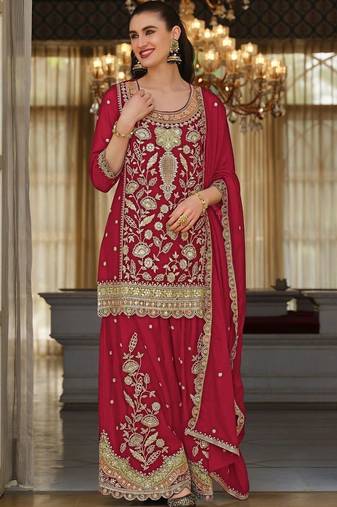 women ethnic motifs embroidered regular thread work kurta with sharara & with dupatta