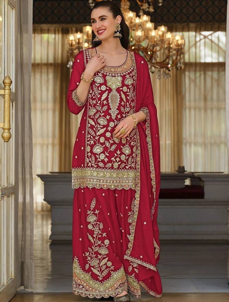 women ethnic motifs embroidered regular thread work kurta with sharara & with dupatta