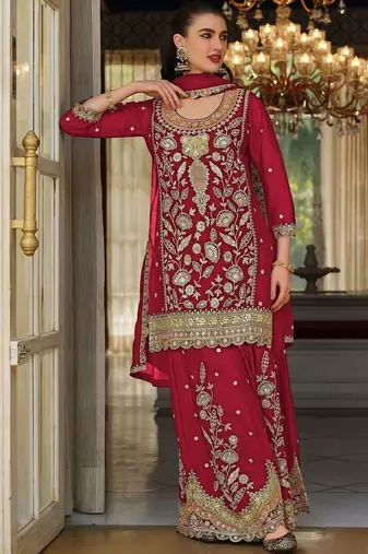 women ethnic motifs embroidered regular thread work kurta with sharara & with dupatta