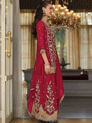 women ethnic motifs embroidered regular thread work kurta with sharara & with dupatta 3