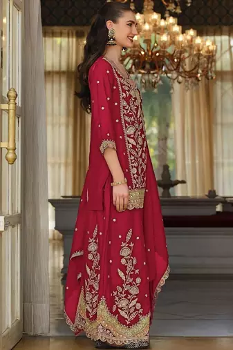 women ethnic motifs embroidered regular thread work kurta with sharara & with dupatta