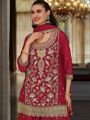 women ethnic motifs embroidered regular thread work kurta with sharara & with dupatta 4