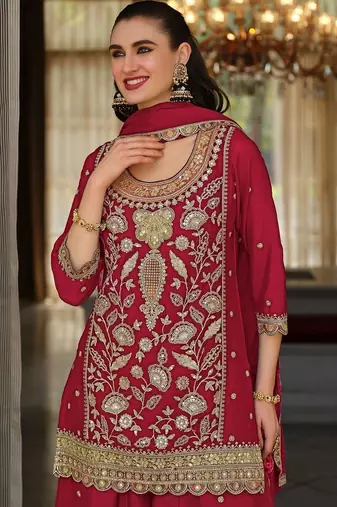 women ethnic motifs embroidered regular thread work kurta with sharara & with dupatta