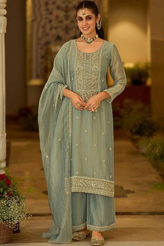women ethnic motifs embroidered regular thread work kurta with palazzos & with dupatta