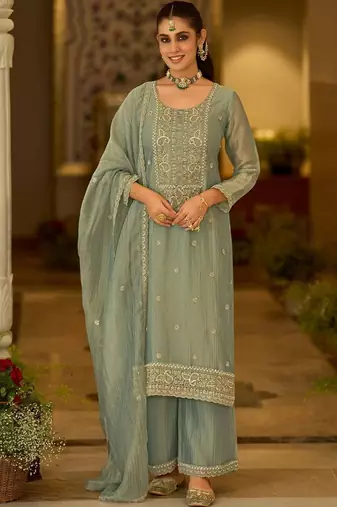 women ethnic motifs embroidered regular thread work kurta with palazzos & with dupatta