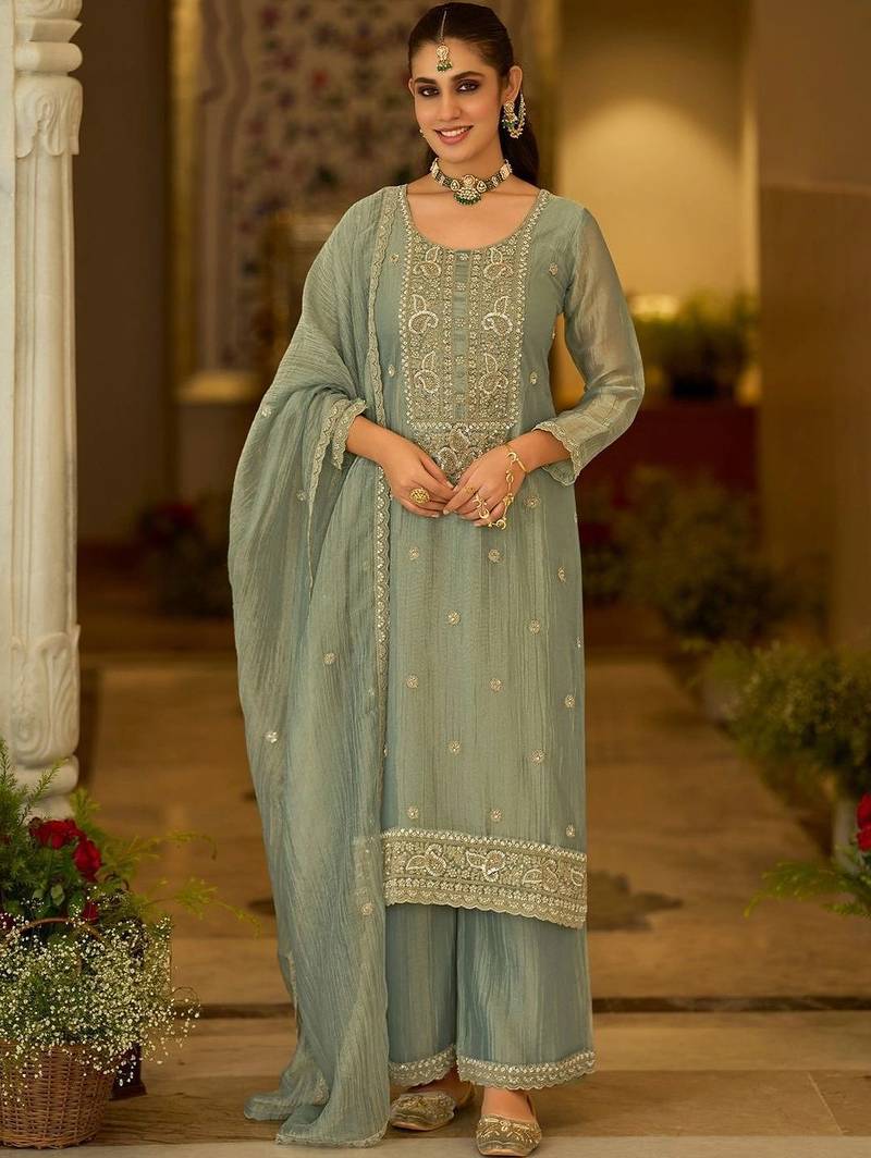 women ethnic motifs embroidered regular thread work kurta with palazzos & with dupatta
