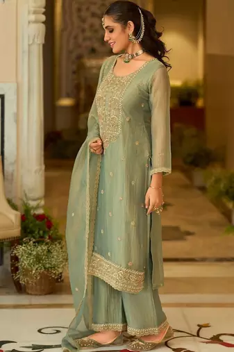 women ethnic motifs embroidered regular thread work kurta with palazzos & with dupatta