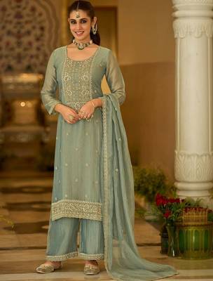 women ethnic motifs embroidered regular thread work kurta with palazzos & with dupatta 5