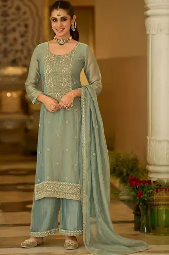 women ethnic motifs embroidered regular thread work kurta with palazzos & with dupatta