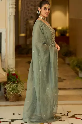 women ethnic motifs embroidered regular thread work kurta with palazzos & with dupatta