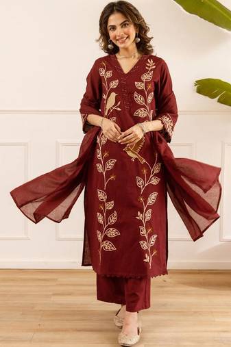 women ethnic motifs embroidered regular thread work cotton kurta with palazzos & with dupatta