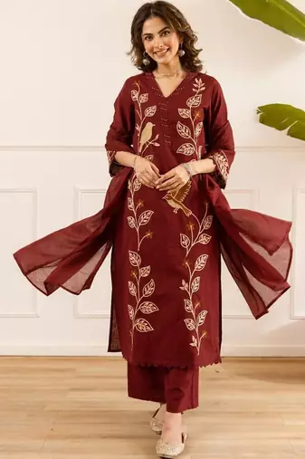 women ethnic motifs embroidered regular thread work cotton kurta with palazzos & with dupatta