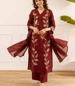 women ethnic motifs embroidered regular thread work cotton kurta with palazzos & with dupatta