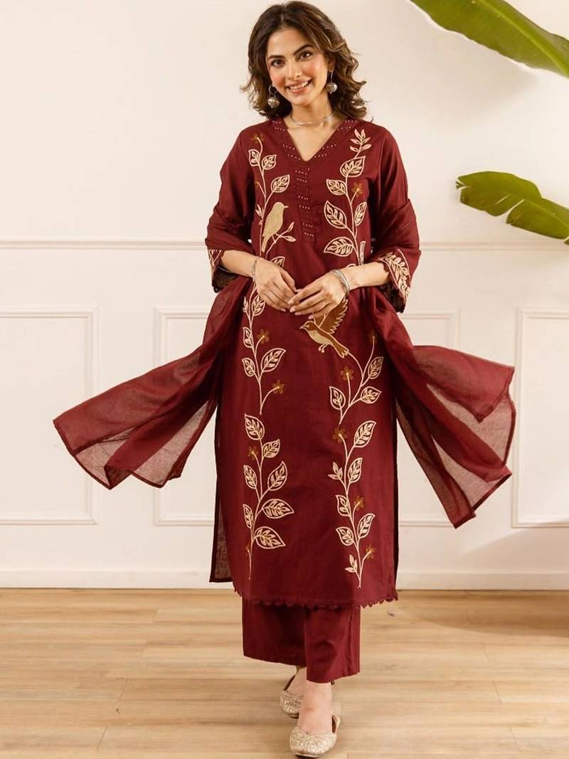 women ethnic motifs embroidered regular thread work cotton kurta with palazzos & with dupatta