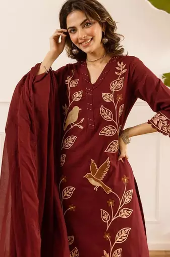 women ethnic motifs embroidered regular thread work cotton kurta with palazzos & with dupatta