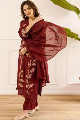women ethnic motifs embroidered regular thread work cotton kurta with palazzos & with dupatta