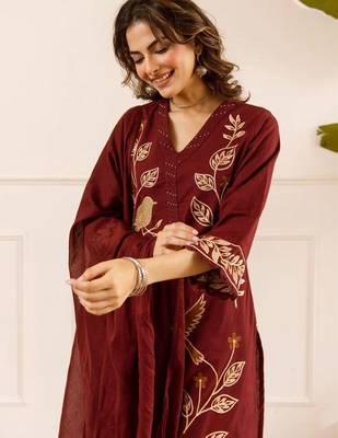 women ethnic motifs embroidered regular thread work cotton kurta with palazzos & with dupatta 4