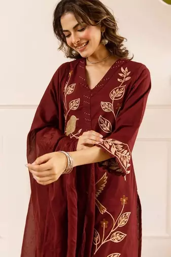 women ethnic motifs embroidered regular thread work cotton kurta with palazzos & with dupatta