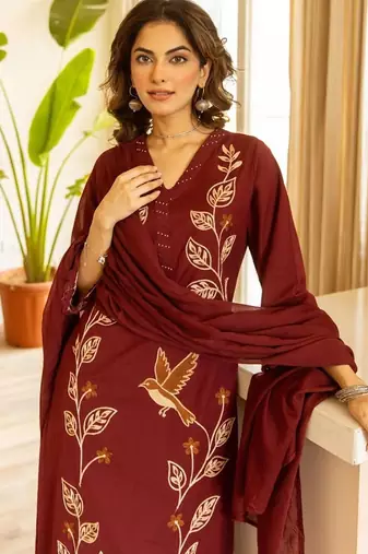 women ethnic motifs embroidered regular thread work cotton kurta with palazzos & with dupatta