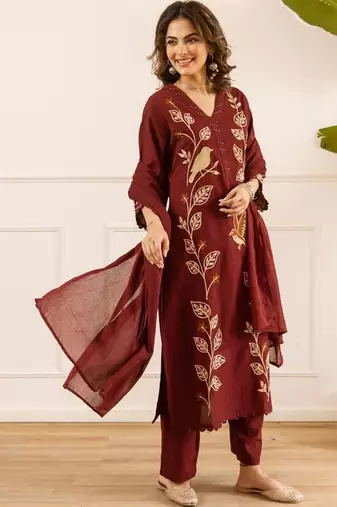 women ethnic motifs embroidered regular thread work cotton kurta with palazzos & with dupatta