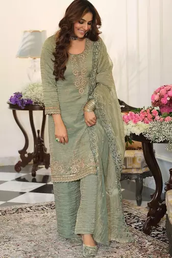 women ethnic motifs embroidered regular sequinned kurta with palazzos & with dupatta