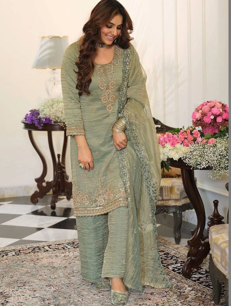 women ethnic motifs embroidered regular sequinned kurta with palazzos & with dupatta