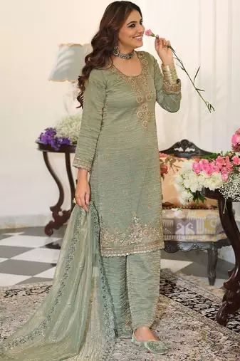 women ethnic motifs embroidered regular sequinned kurta with palazzos & with dupatta