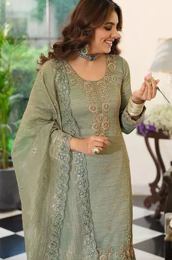 women ethnic motifs embroidered regular sequinned kurta with palazzos & with dupatta