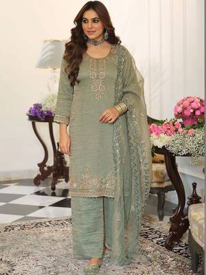 women ethnic motifs embroidered regular sequinned kurta with palazzos & with dupatta 6
