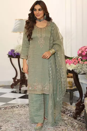 women ethnic motifs embroidered regular sequinned kurta with palazzos & with dupatta