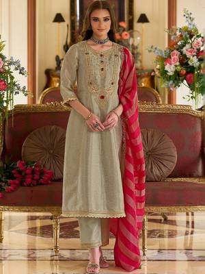 women ethnic motifs embroidered regular beads and stones kurta with trousers & with dupatta 1