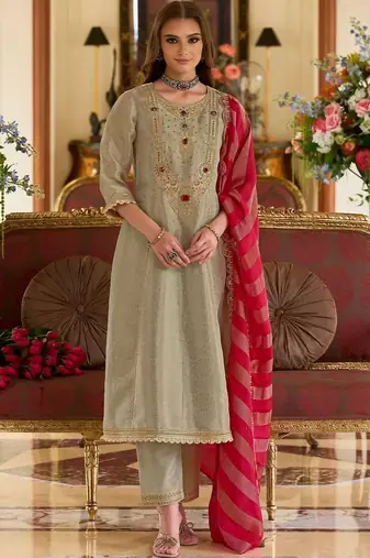 women ethnic motifs embroidered regular beads and stones kurta with trousers & with dupatta