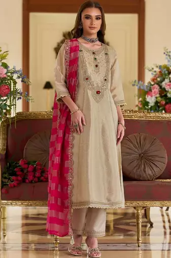 women ethnic motifs embroidered regular beads and stones kurta with trousers & with dupatta